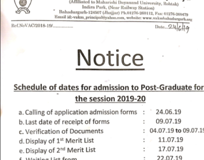 Schedule of dates for admission to Post-Graduate for the session 2019-20