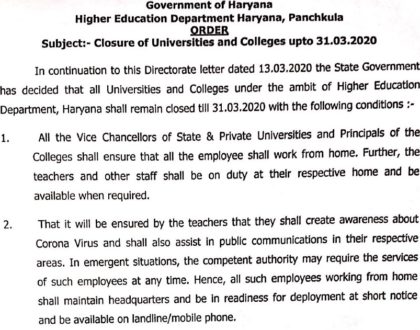 Closure of Universities and Colleges upto 31-Mar-2020