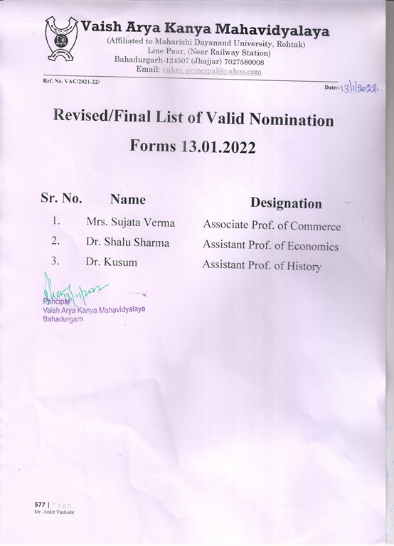 Revised/Final List of Valid Nomination Forms