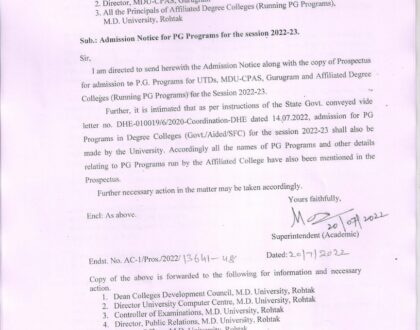 Admission Notice for PG Programs for the session 2022-23