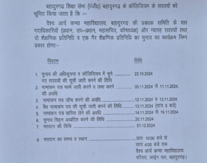 Election schedule for Vaish Arya Kanya Mahavidyalaya